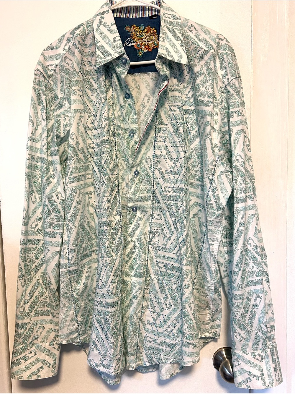 Robert Graham La Luna XL Embroidered Long-Sleeve Shirt Geometric Paisley Green